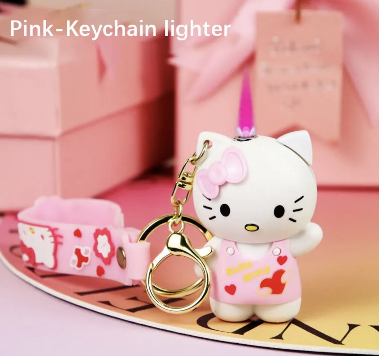 Kitty Pink Flame Keychain - Adorable Cartoon Cat Design White and Pink