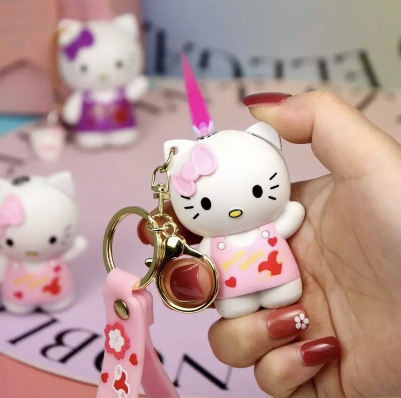 Kitty Pink Flame Keychain - Adorable Cartoon Cat Design White and Pink